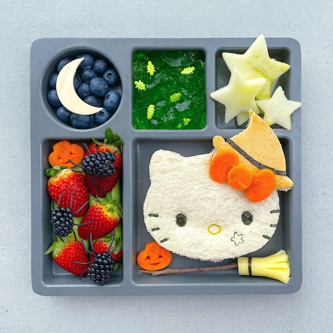 Fruit and sandwich decorated for Halloween on our bamboo bento plates
