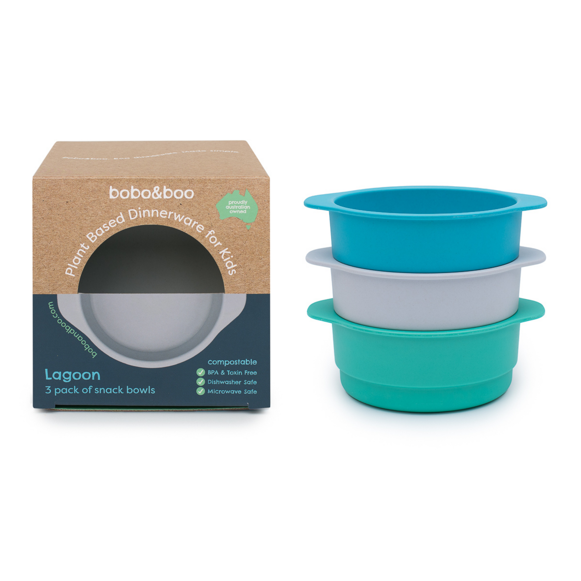 bobo&boo plant-based snack bowls stacked and sitting next to their bright gift box