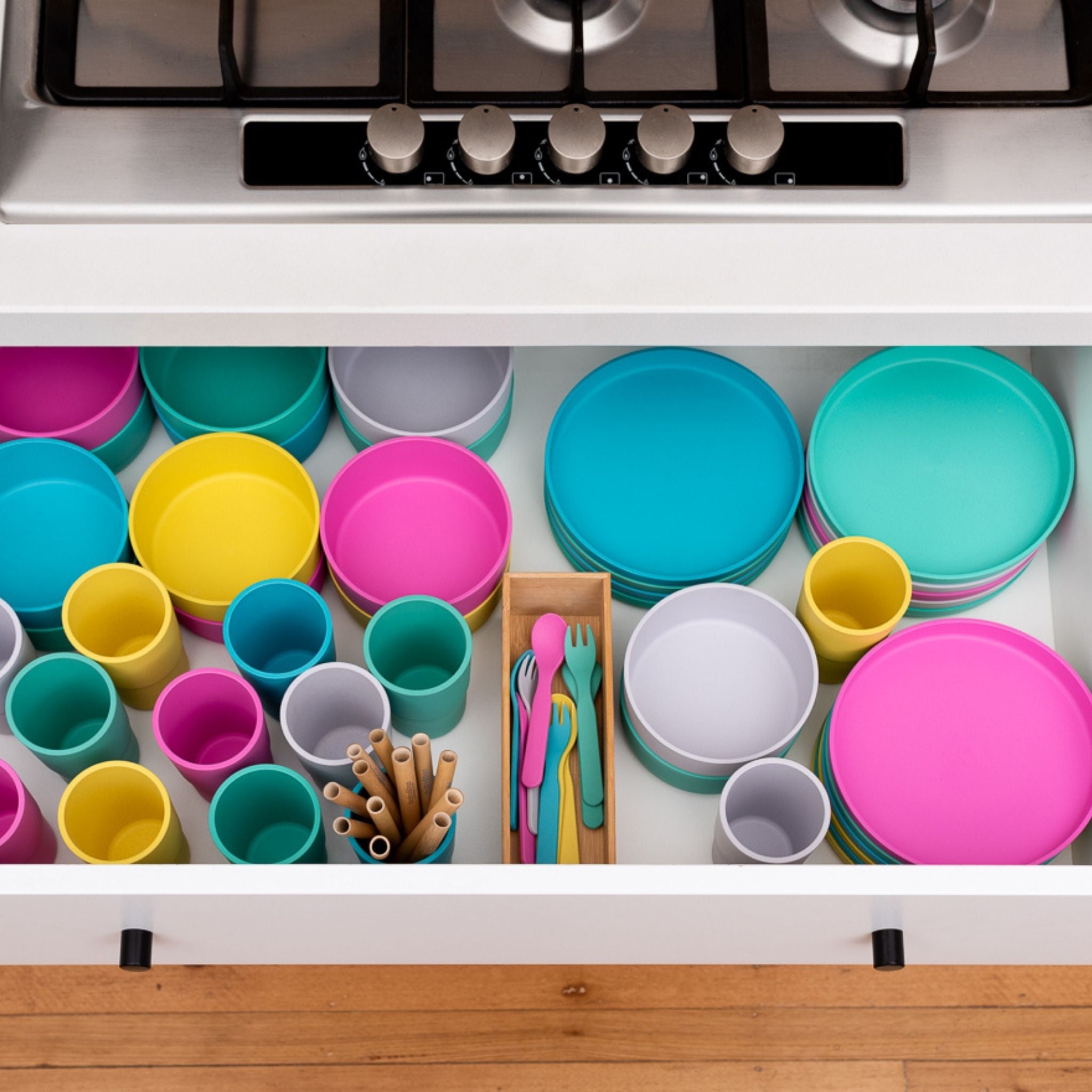 Lalo Big Bites Kids Dinnerware Starter Set - Dishwasher Safe, BPA Free, Kids Tableware Set - Includes Stackable Bowl, Plate, Utensils & Cup - 5 Pieces